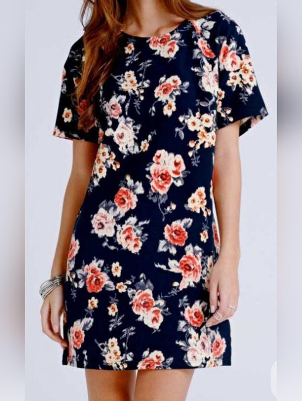 New Look, Floral Short Sleeve Mini Tunic Dress -  Navy & Coral, Size 10